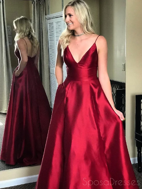 Crisscross back elegant maxi dress-Simple Red Spaghetti Straps A-line Long Evening Prom Dresses, 17548