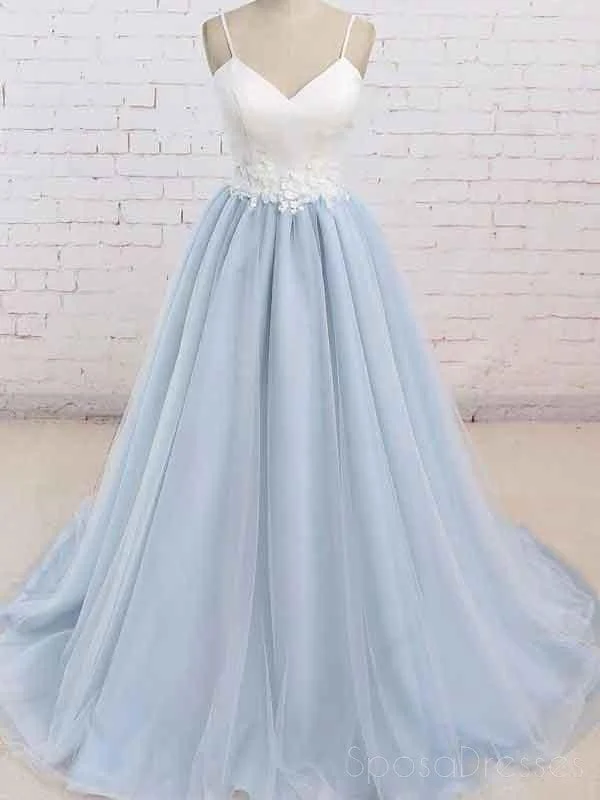 High split formal maxi dress-Simple Spaghetti Straps Light Blue A line Long Evening Prom Dresses, 17525