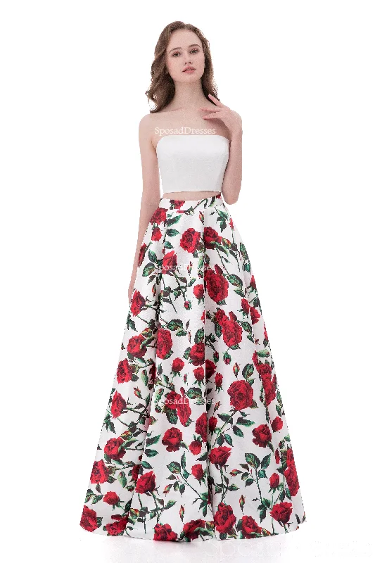 Bell sleeve maxi dress-Simple Strapless Printed Flower Sexy Two Pieces  Long Evening Prom Dresses, Popular Cheap Long 2018 Party Prom Dresses, 17255