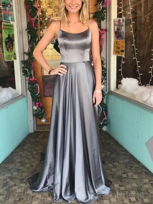 Ruffle trim maxi dress-Spaghetti Straps Backless Silver Custom Long Evening Prom Dresses, 17713