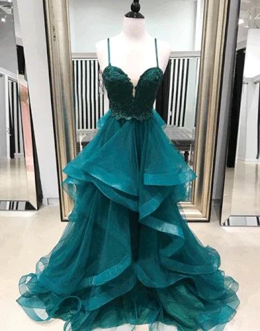 Layered ruffle casual maxi dress-Spaghetti Straps Emerald Green A-line Custom Long Evening Prom Dresses, 17723