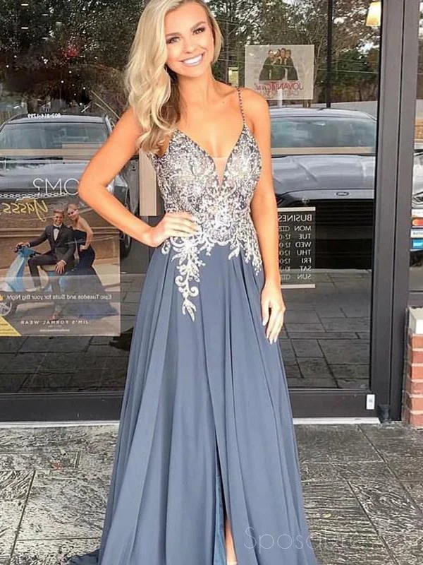 Floral motif beach maxi dress-Spaghetti Straps Grey Beaded Long Evening Prom Dresses, Cheap Sweet 16 Dresses, 18317