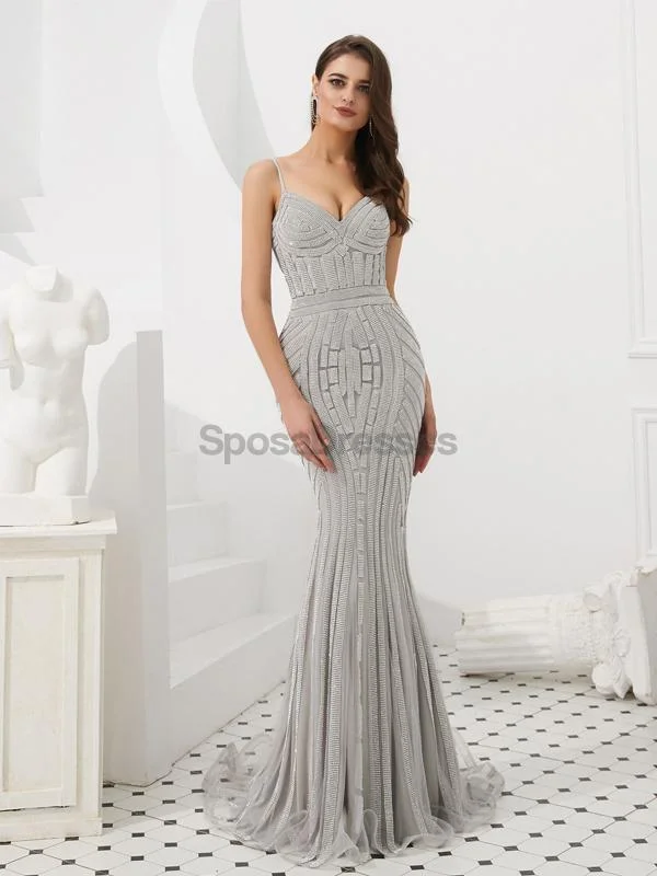 Beaded detail formal maxi dress-Spaghetti Straps Grey Beaded Mermaid Evening Prom Dresses, Evening Party Prom Dresses, 12084