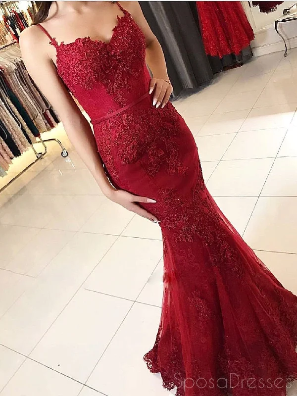 Ruffle trim maxi dress-Spaghetti Straps Red Lace Mermaid Long Evening Prom Dresses, 17505