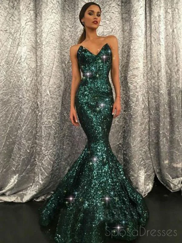 Nautical theme beach maxi dress-Sparkly V Neck Green Sequin Custom Long Evening Prom Dresses, 17719