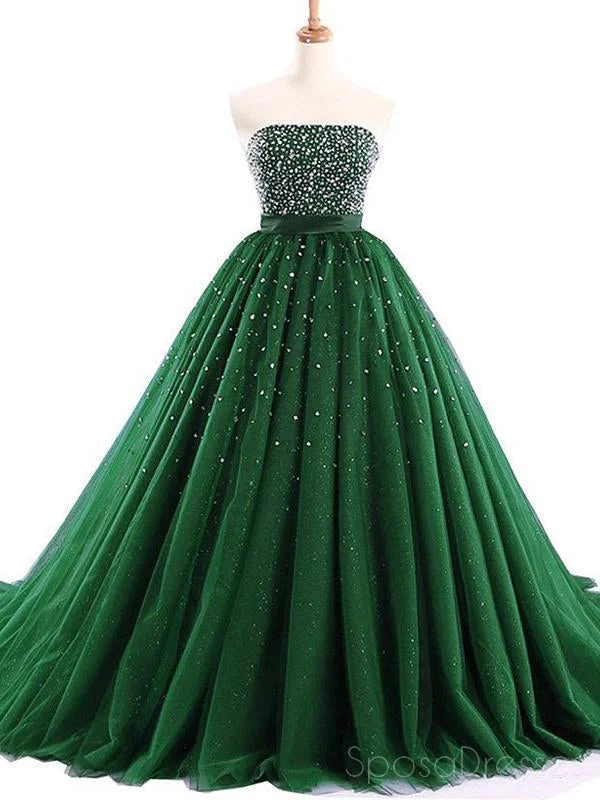 Spaghetti strap summer maxi dress-Strapless Emerald Green Tulle Beaded A-line Cheap Evening Prom Dresses, Sweet 16 Dresses, 17494