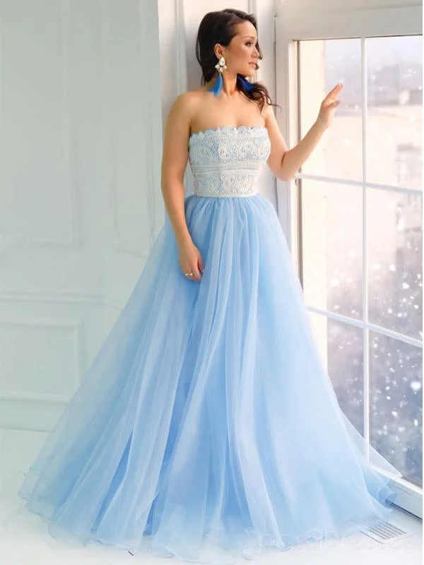 Side drawstring summer maxi dress-Strapless Lace Light Blue A-line Cheap Evening Prom Dresses, Sweet 16 Dresses, 17499