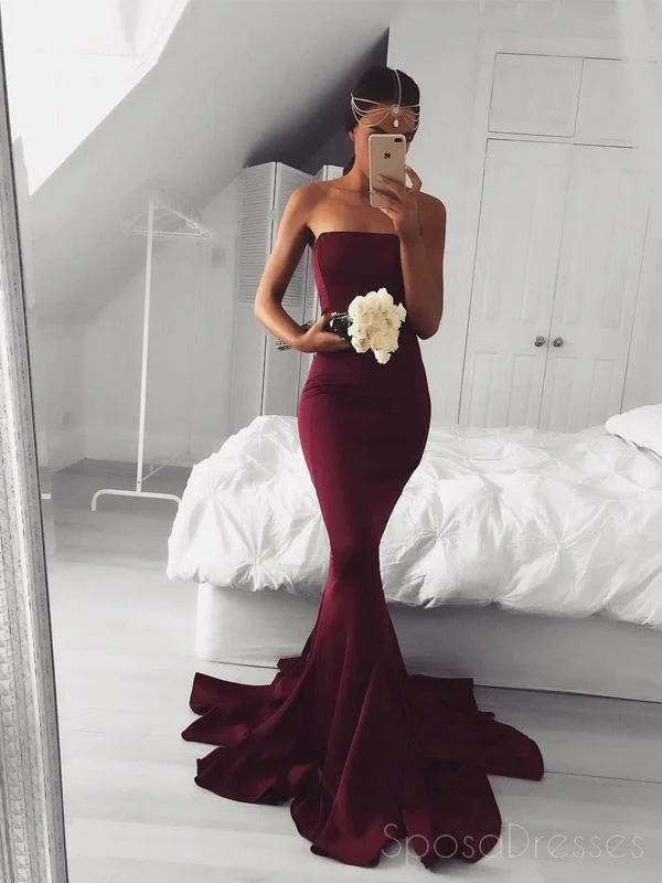 Flowy skirt beach maxi dress-Strapless Maroon Mermaid Evening Prom Dresses, Long Simple Party Prom Dresses, 17123