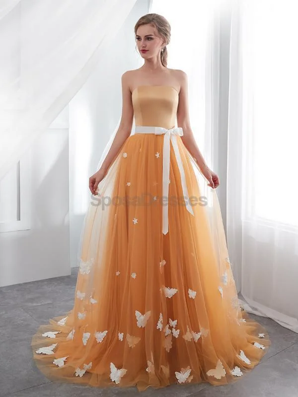 Embroidered bodice chic maxi dress-Strapless Orange Tulle ButterFly Evening Prom Dresses, Evening Party Prom Dresses, 12024