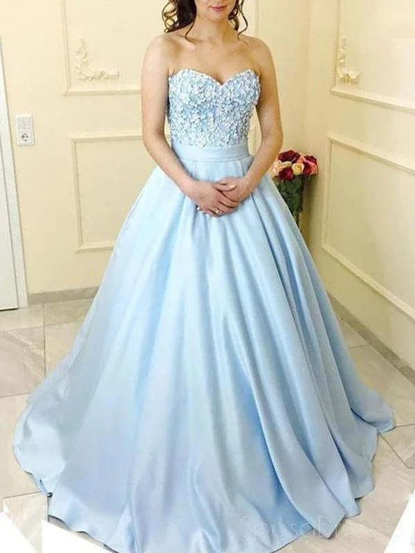 Beaded detail formal maxi dress-Strapless Sweetheart A line Light Blue Satin Long Evening Prom Dresses, 17462