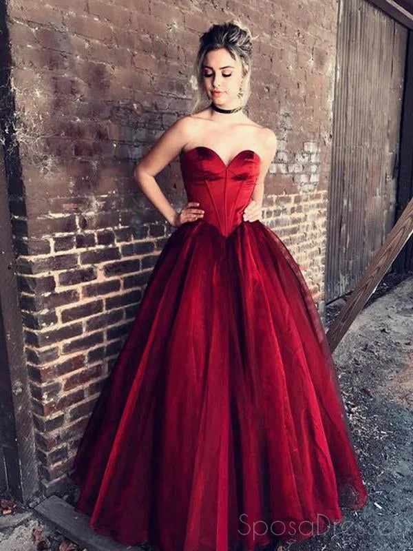 Handkerchief hem boho maxi dress-Strapless Sweetheart Maroon Ball Gown Floor Long Custom Evening Prom Dresses, 17422