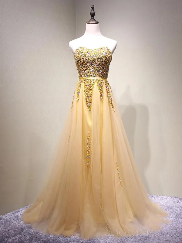 Metallic finish maxi dress-Strapless Sweetheart Gold Tulle Beaded A-line Long Evening Prom Dresses, 17617