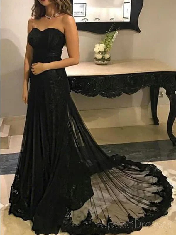 Ruched side beach maxi dress-Sweetheart Black Lace A line Long Evening Prom Dresses, 17506