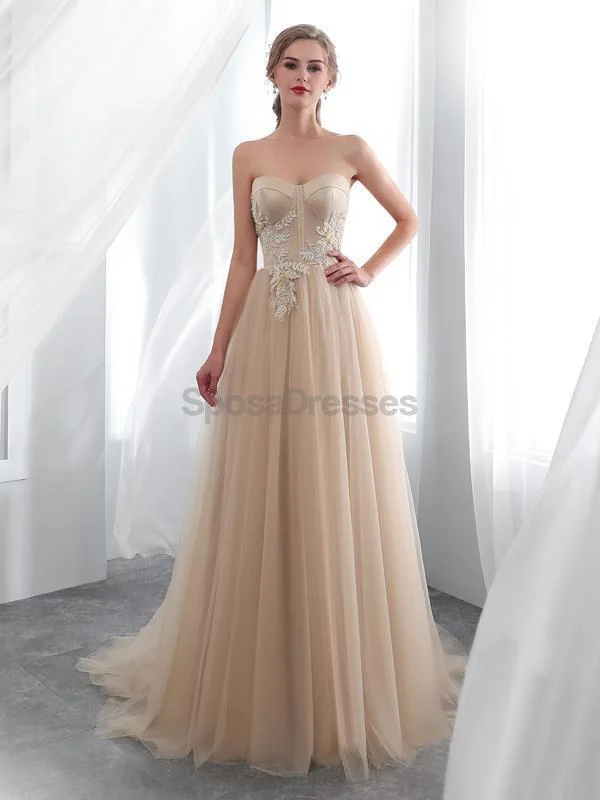 Cutout design casual maxi dress-Sweetheart Champagne Applique Evening Prom Dresses, Evening Party Prom Dresses, 12026