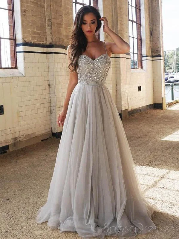 Button front maxi dress-Sweetheart Gray Beaded A line Tulle Evening Prom Dresses, Cheap Party Prom Dresses, Custom Long Prom Dresses, Cheap Formal Prom Dresses, 17143