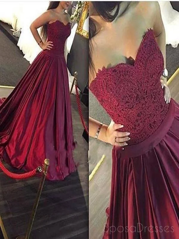 Empire waist elegant maxi dress-Sweetheart Neckline Maroon Lace Bodice A line Long Evening Prom Dresses, Popular Cheap Long Custom Party Prom Dresses, 17331