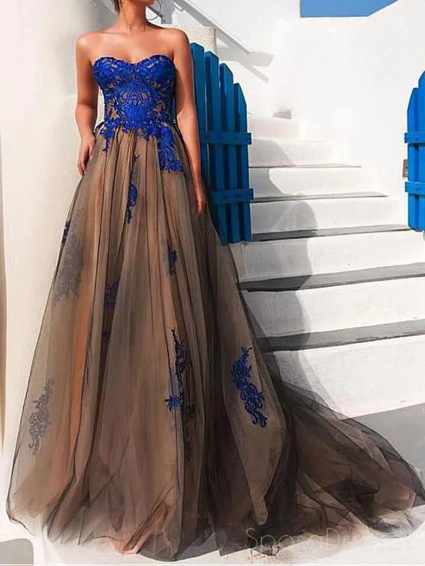 Velvet texture maxi dress-Sweetheart Royal Blue Lace A line Long Evening Prom Dresses, 17478