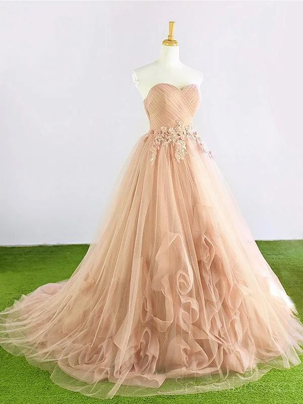 Split sleeve elegant maxi dress-Sweetheart Tulle Hand Made Flower A-line Cheap Evening Prom Dresses, Sweet 16 Dresses, 17493