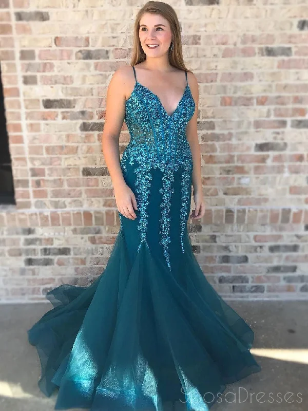 Dolman sleeve formal maxi dress-Turquoise See Through V Neck Mermaid Long Evening Prom Dresses, 17543