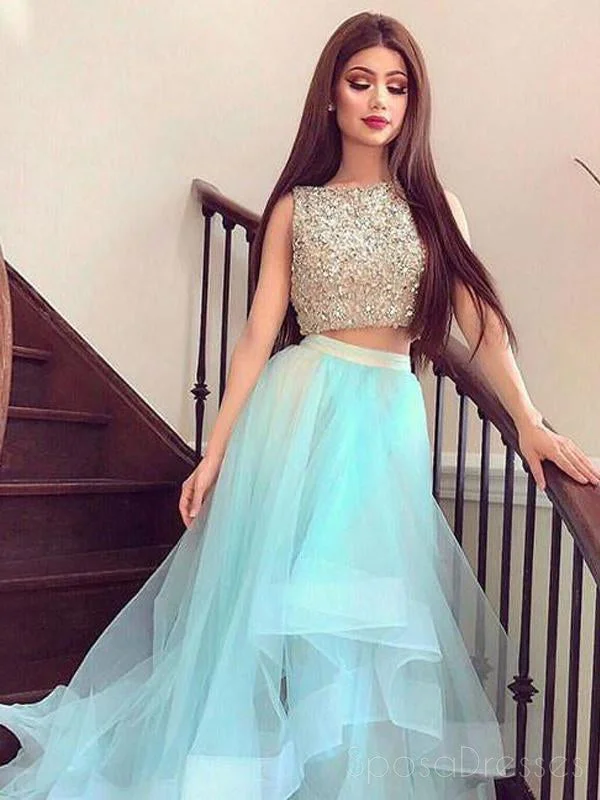 Elastic waist summer maxi dress-Two Pieces Beaded Tiffany Blue Skirt High Low Custom Evening Prom Dresses, 17436