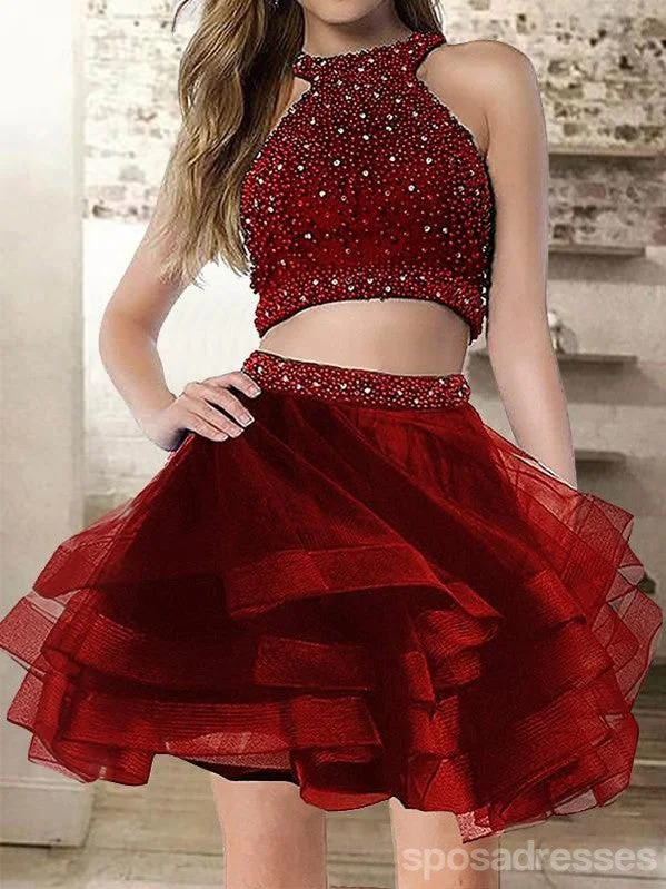 Knot front summer maxi dress-Two Pieces Burgundy Beaded Cheap Homecoming Dresses Online, Cheap Short Prom Dresses, CM737