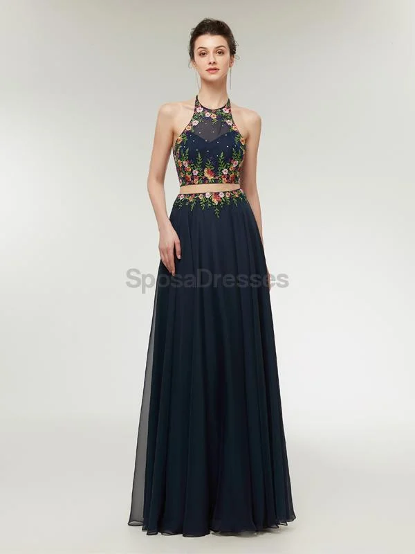 Zip front summer maxi dress-Two Pieces Halter Lace Applique Long Evening Prom Dresses, Evening Party Prom Dresses, 12005