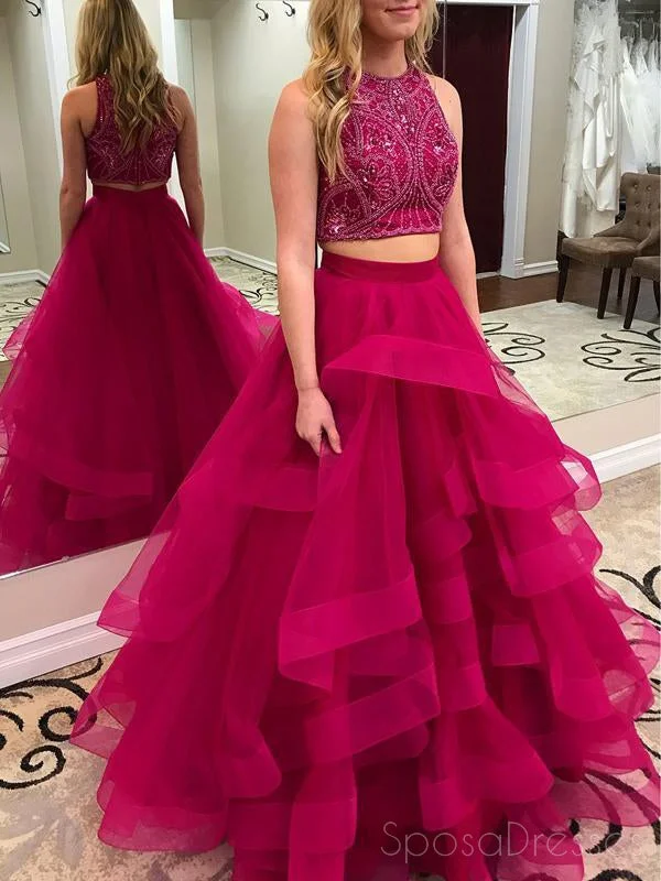 Casual beach maxi dress-Two Pieces Heavily Beaded Ruffle Hot Pink A line Long Evening Prom Dresses, 17654