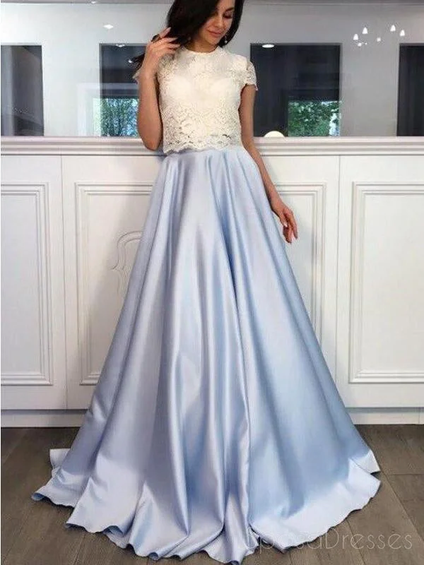 Asymmetrical hemline maxi dress-Two Pieces High Neck Short Sleeve Blue Skirt A line Long Evening Prom Dresses, 17465