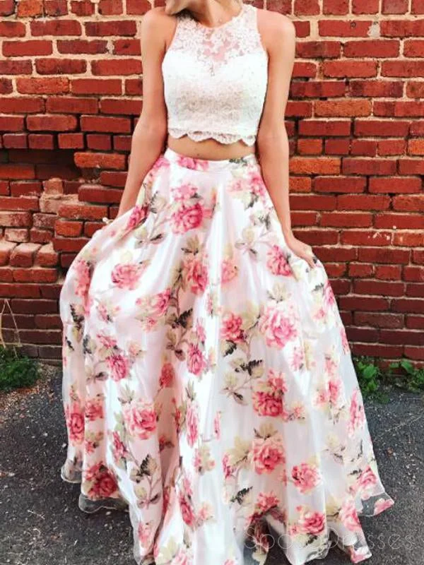 Adjustable waist summer maxi dress-Two Pieces Lace Bodice Printed Flower Skirt Long Evening Prom Dresses, 17576