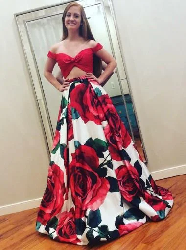 Gathered waist summer maxi dress-Two Pieces Off Shoulder Flower Satin A-line Long Evening Prom Dresses, 17633