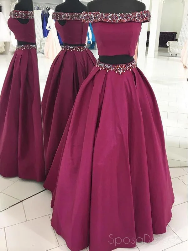 Side pocket casual maxi dress-Two Pieces Off Shoulder Purple Beaded A-line Cheap Evening Prom Dresses, Sweet 16 Dresses, 17497