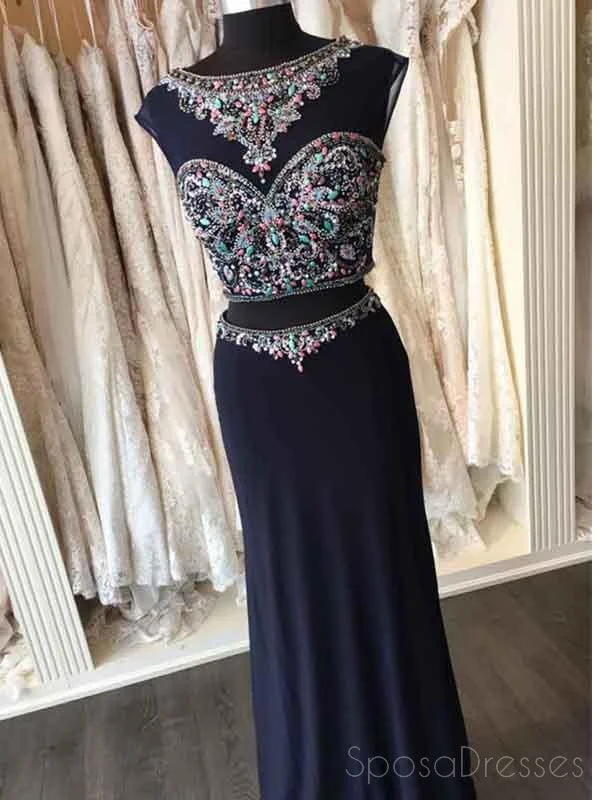 Bold striped maxi dress-Two Pieces Open Back Navy Beaded Mermaid Long Evening Prom Dresses, 17663