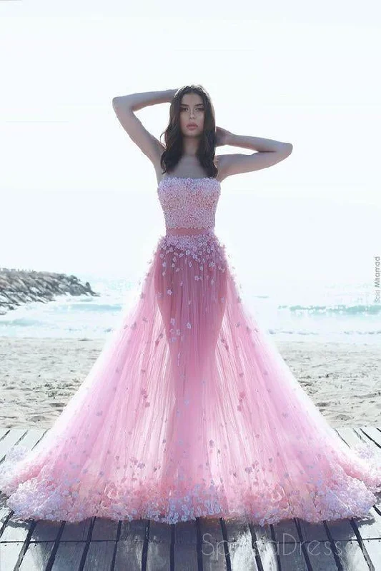 Spaghetti strap summer maxi dress-Two Pieces Pink Tulle Lace Long Evening Prom Dresses, Sexy See Through Party Prom Dress, Custom Long Prom Dresses, Cheap Formal Prom Dresses, 17045