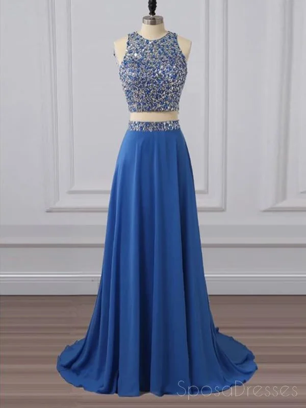 Cascading ruffle formal maxi dress-Two Pieces Rhinestone Beaded Chiffon Blue Long Evening Prom Dresses, 17655