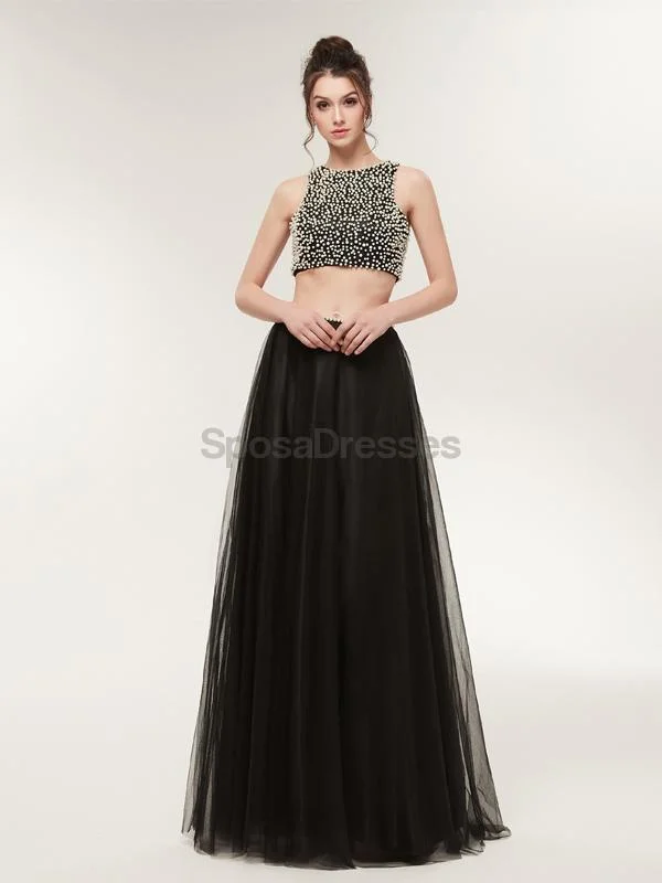 Geometric pattern chic maxi dress-Two Pieces Black Tulle Evening Prom Dresses, Evening Party Prom Dresses, 12023