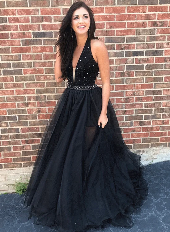 Keyhole back maxi dress-V Neck A line Black Rhinestone  Tulle Cheap Evening Prom Dresses, Sweet 16 Dresses, 18300