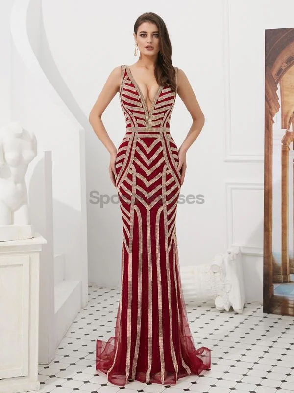 Bell sleeve maxi dress-V Neck Beaded Mermaid Sexy Evening Prom Dresses, Evening Party Prom Dresses, 12085