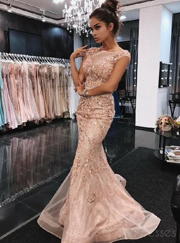 Colorblock maxi dress design-Peach Cap Sleeves Mermaid Rhinestone Long Evening Prom Dresses, Sparkly Sweet 16 Dresses, 18333