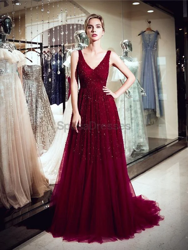 Knot front summer maxi dress-V Neck Dark Red Beaded A-line Evening Prom Dresses, Evening Party Prom Dresses, 12061