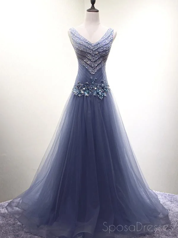 Lace trim elegant maxi dress-V Neck Dusty Blue Beaded A-line Long Evening Prom Dresses, 17620