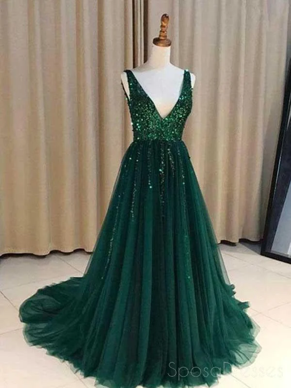 Bow detail formal maxi dress-V Neck Emerald Green Tulle  A line Long Custom Evening Prom Dresses, 17452