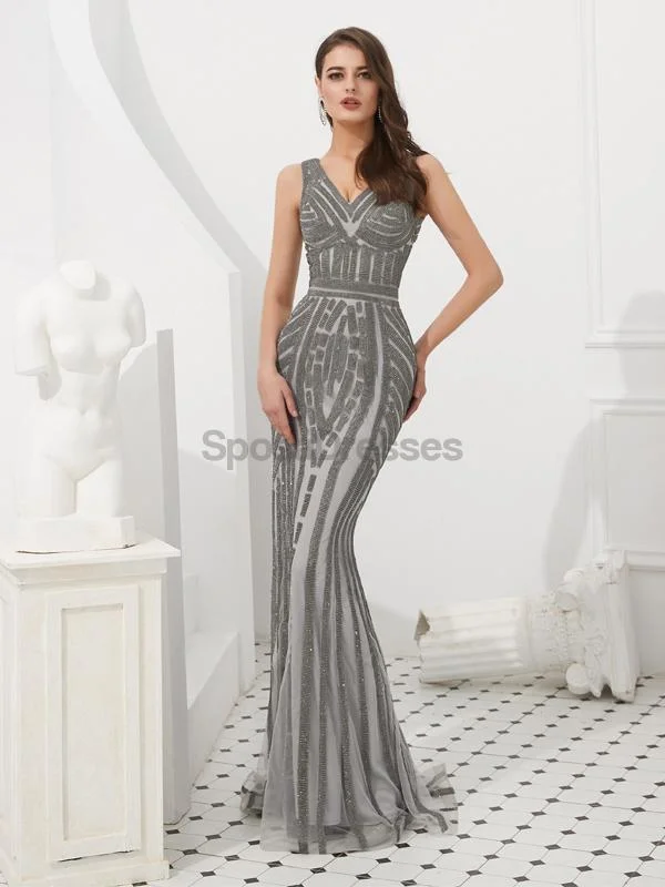 Art deco design casual maxi dress-V Neck Grey Beaded Mermaid Evening Prom Dresses, Evening Party Prom Dresses, 12089