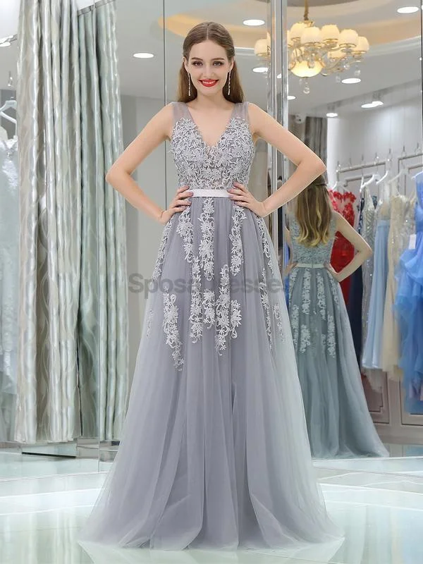 High-low silhouette beach maxi dress-V Neck Grey Tulle A-line Evening Prom Dresses, Evening Party Prom Dresses, 12108