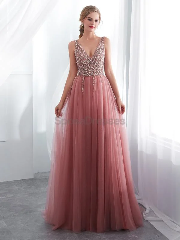 Frilly neckline elegant maxi dress-V Neck Lace Beaded Peach Evening Prom Dresses, Evening Party Prom Dresses, 12022