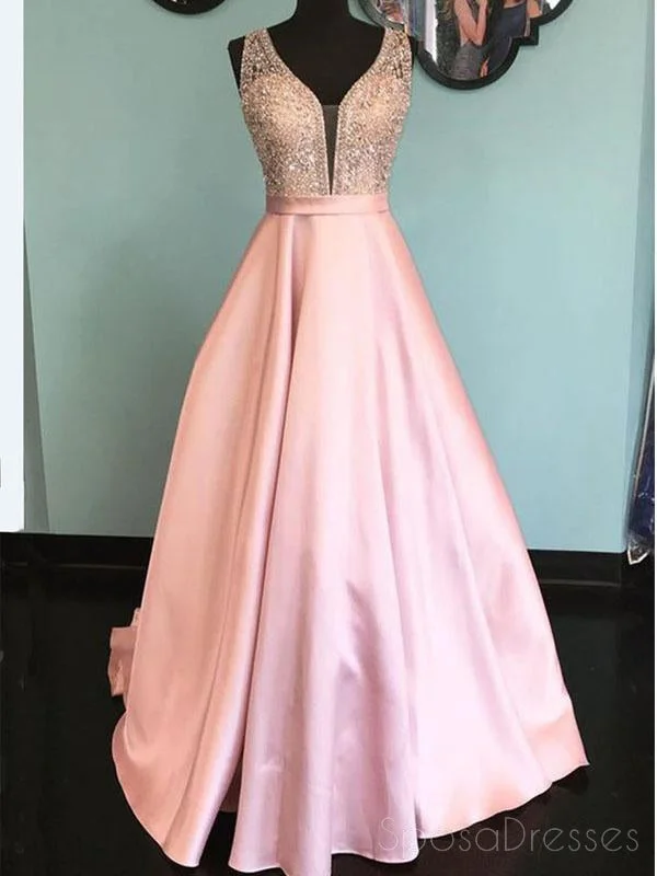 Embroidered bodice chic maxi dress-V Neck Pink A line Heavliy Beaded Long Evening Prom Dresses, 17540