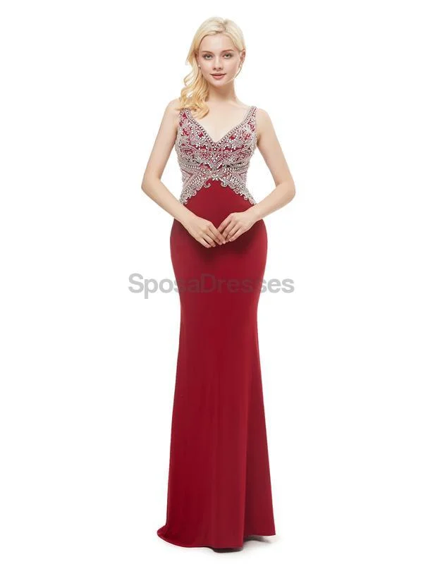 Retro style elegant maxi dress-V Neck Red Mermaid Beaded Evening Prom Dresses, Evening Party Prom Dresses, 12055