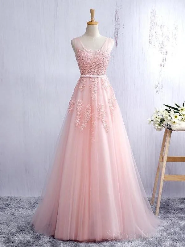 Casual beach maxi dress-V Neckline Blush Pink Lace A line Tulle Evening Prom Dresses, A line Quinceanera Prom Dresses, Custom Long Prom Dresses, Cheap Formal Prom Dresses, 17140