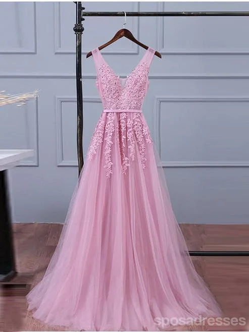 Side pocket casual maxi dress-V Neckline Pink Lace Evening Prom Dresses, Popular Lace Party Prom Dresses, 17190