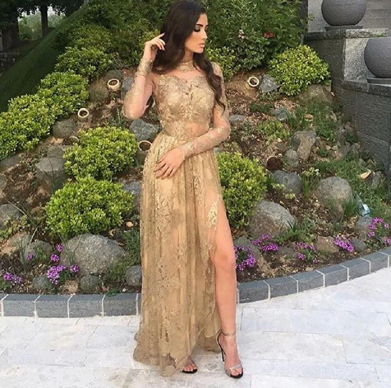 Off-shoulder formal maxi dress-Women Fashion Long Sleeve Gold Lace Evening Prom Dresses, Popular Cheap Long 2018 Party Prom Dresses, 17304