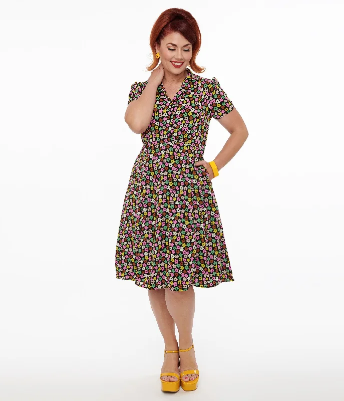 High-low mini dress-1950s Black & Multicolor Flower Print Fit & Flare Dress